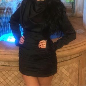 Black Satin Ruched Mini Dress